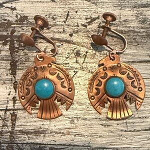Vintage Copper Thunderbird Screwback Earrings with Turquoise Color Stones